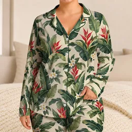 Tropical Banana Leaves and Scarlet Blooms for Relaxed Island Getaways and Beach Days Satin Pajamas Set