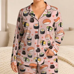 Playful Sushi Rolls and Soy Sauce Bottles for Relaxed Summer Evenings at Home Together Satin Pajamas Set