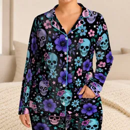 Gothic Skull And Violet Blooms For Spooky Halloween Nights And Cozy Autumn Evenings Satin Pajamas Set
