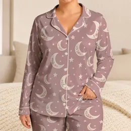 Dusty Rose Moon And Star Motif For Cozy Autumn Winter Nights And Relaxing Evenings Satin Pajamas Set
