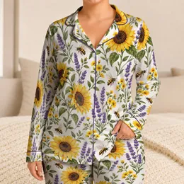 Sunflowers, Honeybees and Lavender for Cozy Lounging at Home, Women's Botanical Style Satin Pajamas Set