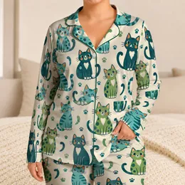Playful Green Cat Faces for Cozy Evenings and Whimsical Relaxed Lounging at Home Satin Pajamas Set