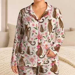 Leopard Cats with Pink Bows for Cozy Holiday Gifting and Relaxed Evenings at Home Satin Pajamas Set