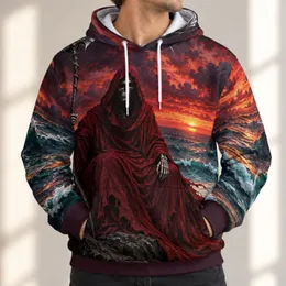 Crimson Grim Reaper at Sea Sunset for Dark Fantasy Fans and Halloween Nights All-over Print Hoodie (Lightweight)