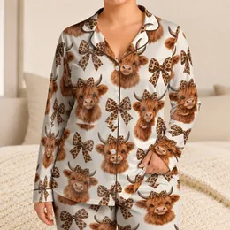 Highland Cow And Leopard Bows For Cozy Spring Getaways And Romantic Gift Giving Satin Pajamas Set