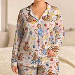 Cute Monkey Fruit Scenes for Cozy Weekend Lounging and Relaxed Home Evenings All Year Long Satin Pajamas Set