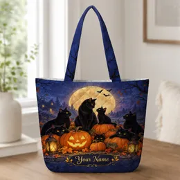 Black Cats and Pumpkin Lanterns for Halloween Night, Autumn Gifts for Cat Lovers Quilted Tote Bag