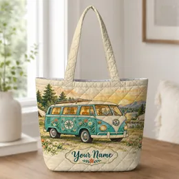 Turquoise Vintage Camper Van for Summer Camping Trips and Roadside Adventure Gifts Quilted Tote Bag