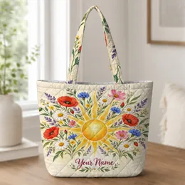 Wildflower Sunburst Meadow For Sunny Beach Days And Cottage Garden Outings For Her Quilted Tote Bag