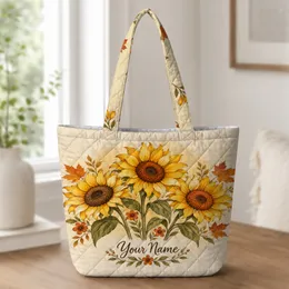 Three Golden Sunflowers Russet Maple Leaves Olive Foliage Autumn Harvest Golden Sunflowers and Quilted Tote Bag