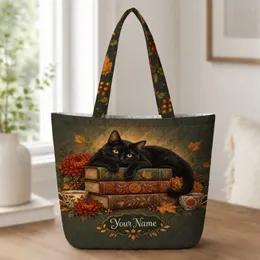 Black Cat Reading Among Autumn Leaves for Halloween and Cozy Fall Book Lover Gift Quilted Tote Bag