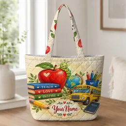 Apple, Books And School Bus For Back To School Classroom Gifts For Teachers And Educators Quilted Tote Bag