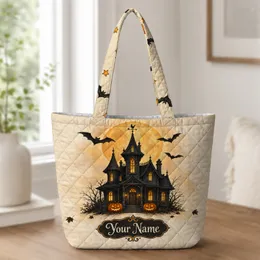 Haunted House Moon And Pumpkins For Halloween Gifts And Spooky Autumn Nights Quilted Tote Bag