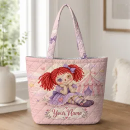 Red Yarn-Haired Rag Doll Circus Scene for Whimsical Travel and Everyday Adventures Quilted Tote Bag