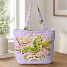 Cheerful Green Caterpillar and Storybook Garden Gift for Young Readers and Teachers Quilted Tote Bag