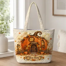 Whimsical Pumpkin Cottage Autumn Welcome for Halloween Home Decor and Fall Gifts Quilted Tote Bag
