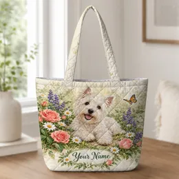 White Terrier in a Spring Garden for Pet-Loving Walks and Cheerful Weekend Outings Quilted Tote Bag
