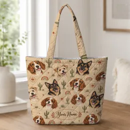 Southwest Dog Faces and Cactus Motifs for Travel, Beach and Everyday Errands Quilted Tote Bag