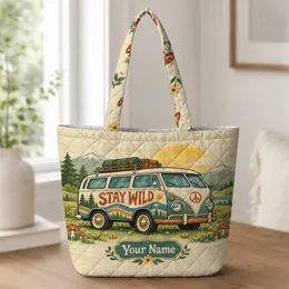 Retro Camper Van Mushroom Meadow for Weekend Camping Adventure and Travel Gifts for Her Quilted Tote Bag