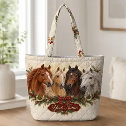 Four Horse Heads Christmas Equestrian Keepsake for Horse Lovers and Riders Quilted Tote Bag