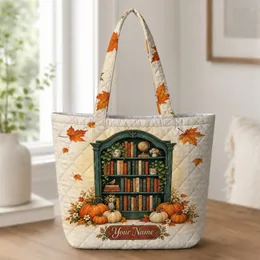 Autumn Bookshelf with Pumpkins for Cozy Fall Reading and Book Lover Gift Giving Quilted Tote Bag