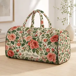 Coral Rose and Sage Botanical Flowers for Beach Getaways and Relaxed Weekend Travel Quilted Weekend Bag