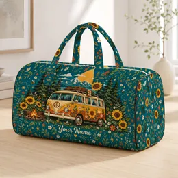 Vintage Camper Van and Sunflowers for Beach Trips, Camping, and Outdoor Adventures Quilted Weekend Bag