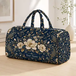 Navy and Gold Floral Paisley Motifs for Elegant Travel and Weekend Getaways for All Quilted Weekend Bag