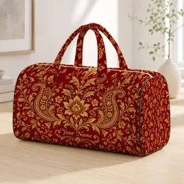 Burgundy Gold Paisley Floral Motifs for Elegant Travel, Vacations, and Weekend Getaways Quilted Weekend Bag