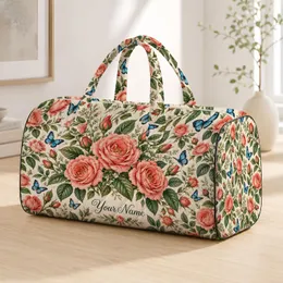 Coral Roses and Blue Butterflies for Garden Getaways, Spring Travel and Weekend Escapes Quilted Weekend Bag