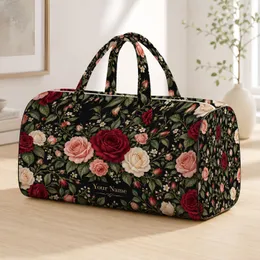 Black Rose and Greenery Floral for Beach Travel, Gym Days and Weekend Getaways for Her Quilted Weekend Bag