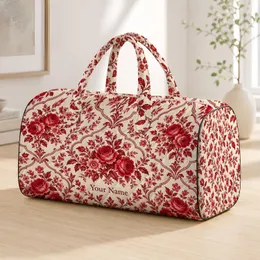 Crimson Rose Toile Blooms for Elegant Weekend Getaways and Leisurely Travel Days Quilted Weekend Bag