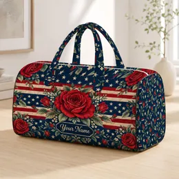 Crimson roses Navy Stars Ivory Stripes Sage Foliage Red White and Navy Roses with Stars for Quilted Weekend Bag