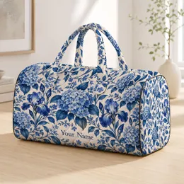 Blue Chinoiserie Hydrangea and Iris Blooms for Elegant Travel, Gym and Weekend Getaways Quilted Weekend Bag