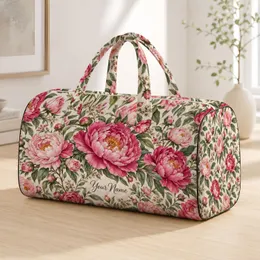 Pink Peony Blossoms and Sage Leaves for Romantic Weekend Getaways and Garden Lovers Quilted Weekend Bag