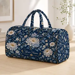 Navy Blue Botanical Flowers and Vines for Elegant Weekend Getaways and Travel Lovers Quilted Weekend Bag