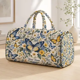 Blue and Golden Butterflies with Wildflowers for Weekend Travel and Garden Getaways Quilted Weekend Bag