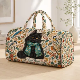Black Cat and Songbirds for Cozy Weekend Getaways and Nature-Loving Travelers Quilted Weekend Bag