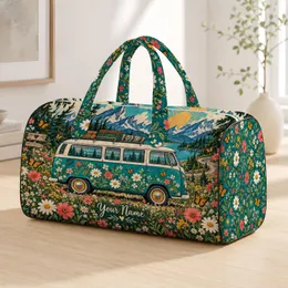 Teal Camper Van Wildflowers for Road Trips and Weekend Escapes for Travelers Quilted Weekend Bag