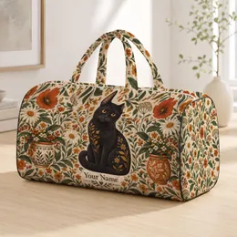 Vintage Black Cat And Wildflowers For Cozy Weekend Getaways And Cat Lover Gifts Quilted Weekend Bag