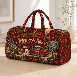 Vintage Santa Sleigh, Snowman and Red Truck Holiday Cheer for Christmas Getaways Quilted Weekend Bag