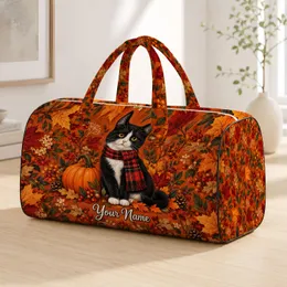 Autumn Tuxedo Cat, Pumpkin and Maple Leaves for Cozy Fall Getaways and Seasonal Travel Quilted Weekend Bag