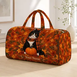 Tuxedo Cat With Pumpkin And Maple Leaves For Cozy Autumn Travel And Harvest Getaways Quilted Weekend Bag