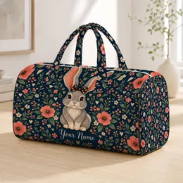 Gray Bunny with Coral Bow and Flowers for Cheerful Weekend Getaways and Daily Travel Quilted Weekend Bag
