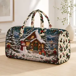 Snowman Cabin Christmas Scene for Cozy Winter Holiday Getaways and Festive Travel Quilted Weekend Bag