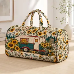 Sunflower Camper Van in Golden Wildflower Fields for Relaxed Road Trip and Camping Quilted Weekend Bag