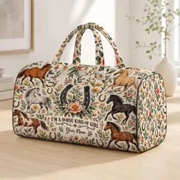 Watercolor Horse Herd and Horseshoe Blooms for Equestrian Getaways and Farm Days Quilted Weekend Bag