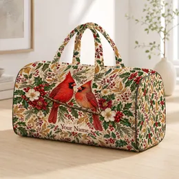 Northern Cardinal Pair With Holly for Cozy Autumn Getaways and Nature-Loving Travelers Quilted Weekend Bag