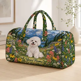 Fluffy Bichon Frise Mountain Wildflowers for Scenic Weekend Getaways Quilted Weekend Bag
