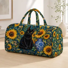 Sunflower Black Cat and Blue Vase for Artful Weekend Travel and Nature Loving Women Quilted Weekend Bag